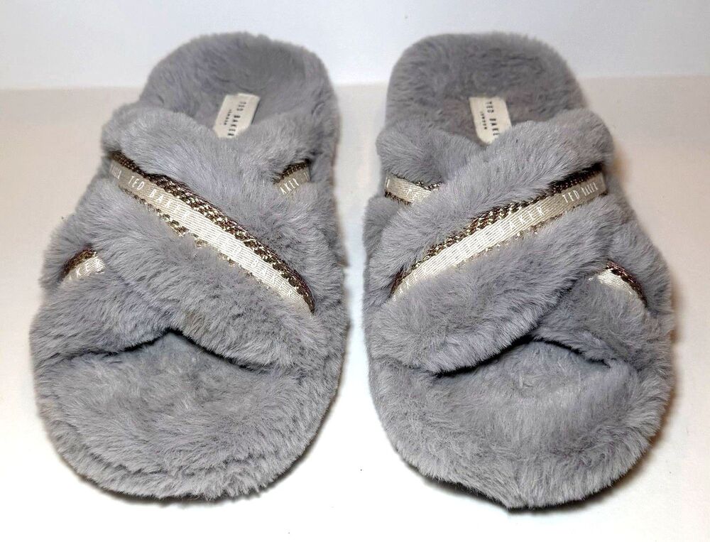 Ted Baker Topply Gray Faux Fur Cross Strap Slippers Gold Trim Women’s Sz 9 Est
